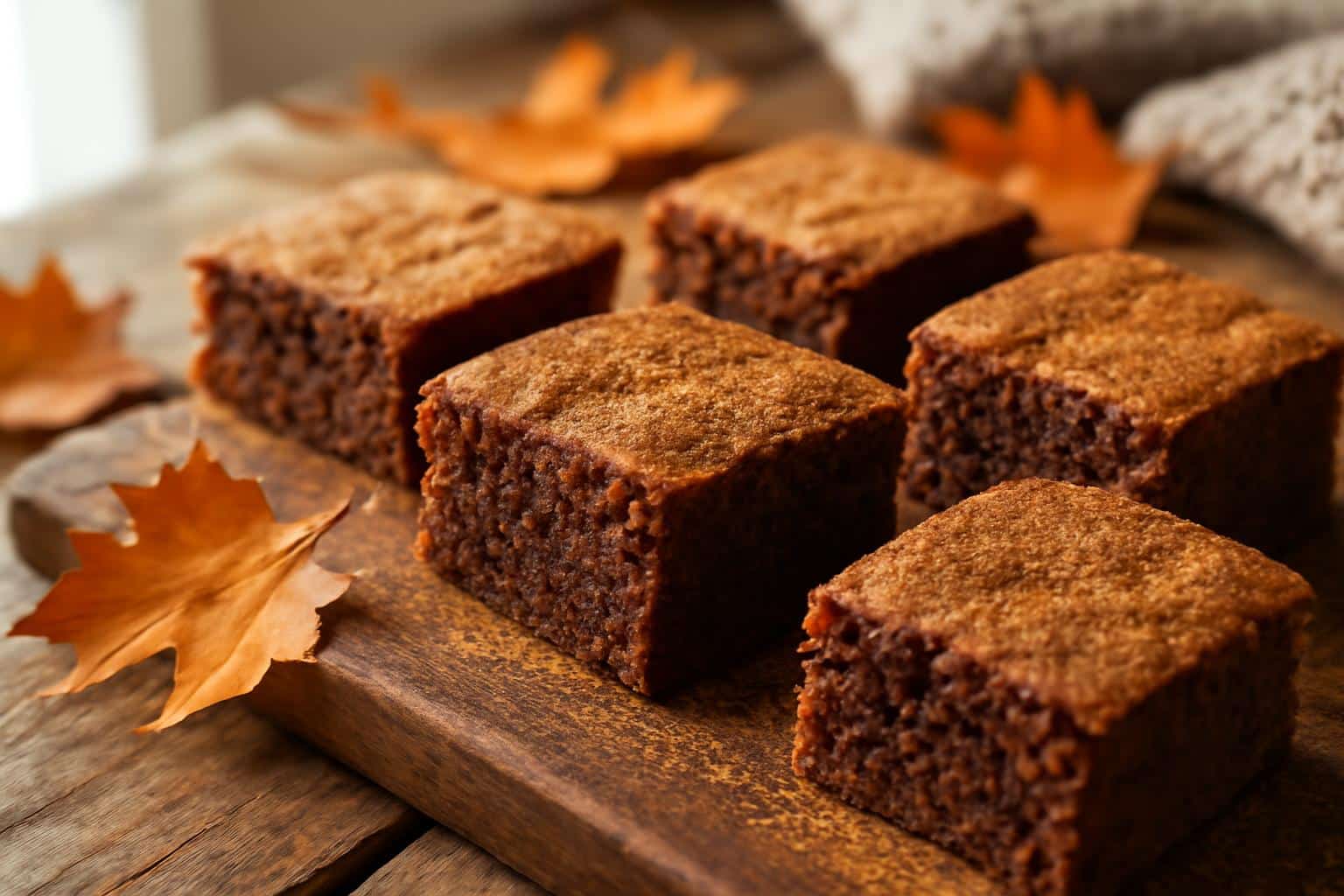 Close-up of maple cinnamon brownies with cinnamon dusting and fall decor, maple cinnamon brownies