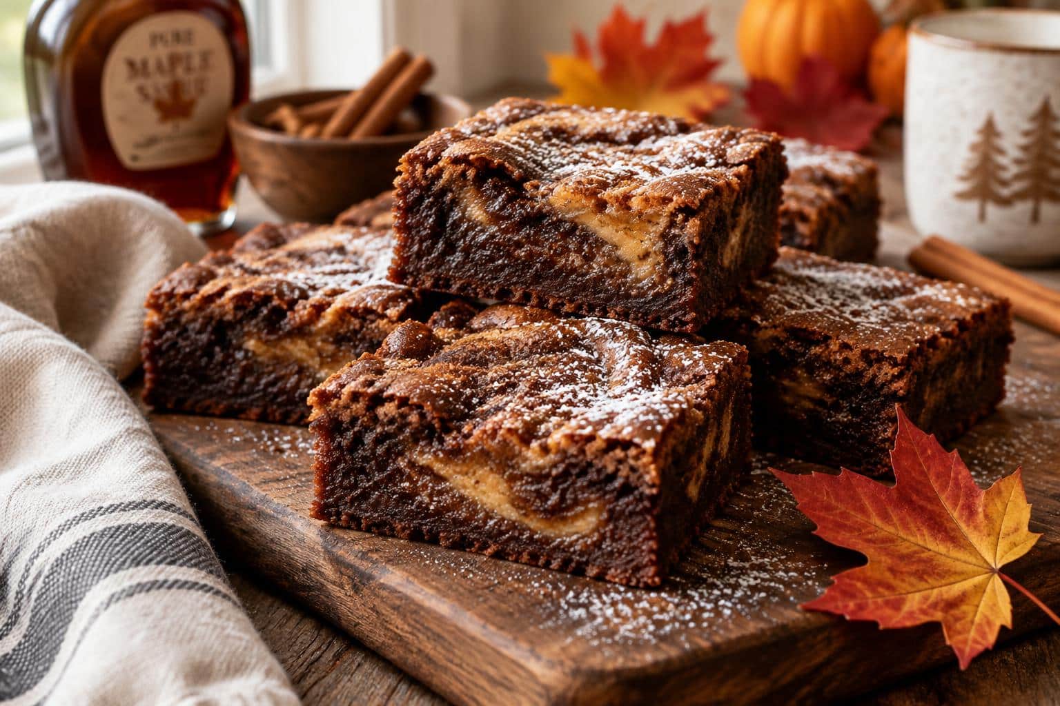 Freshly baked maple cinnamon brownies with cinnamon swirls and powdered sugar, cozy fall dessert