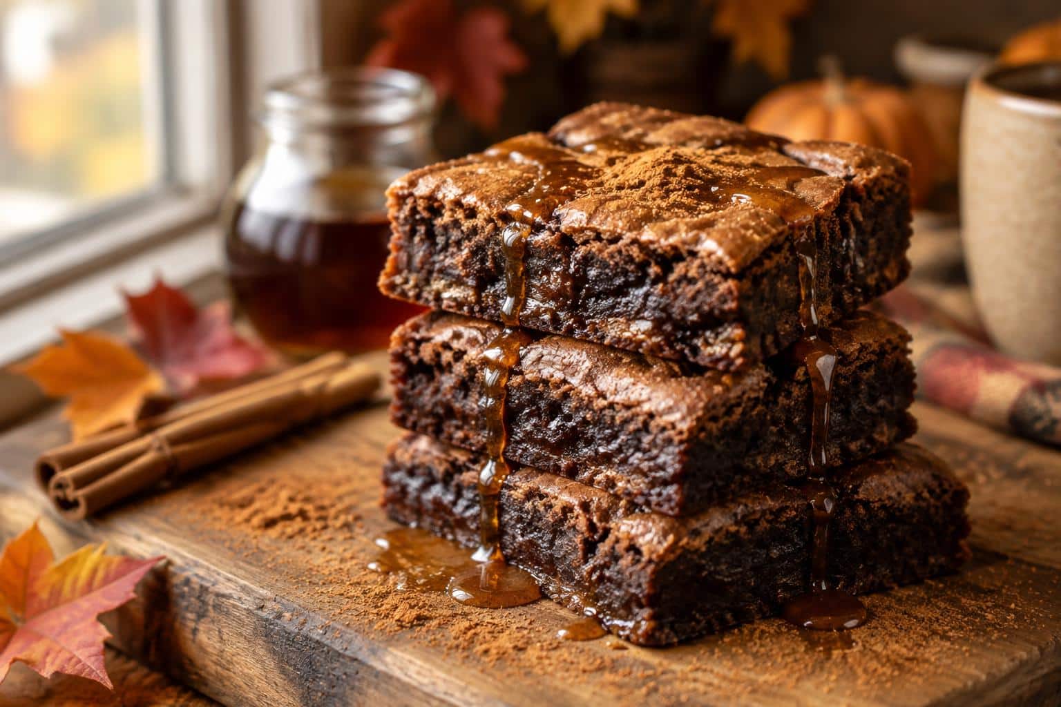 Maple cinnamon brownies stacked with maple syrup drizzle and cinnamon sprinkle, cozy fall dessert