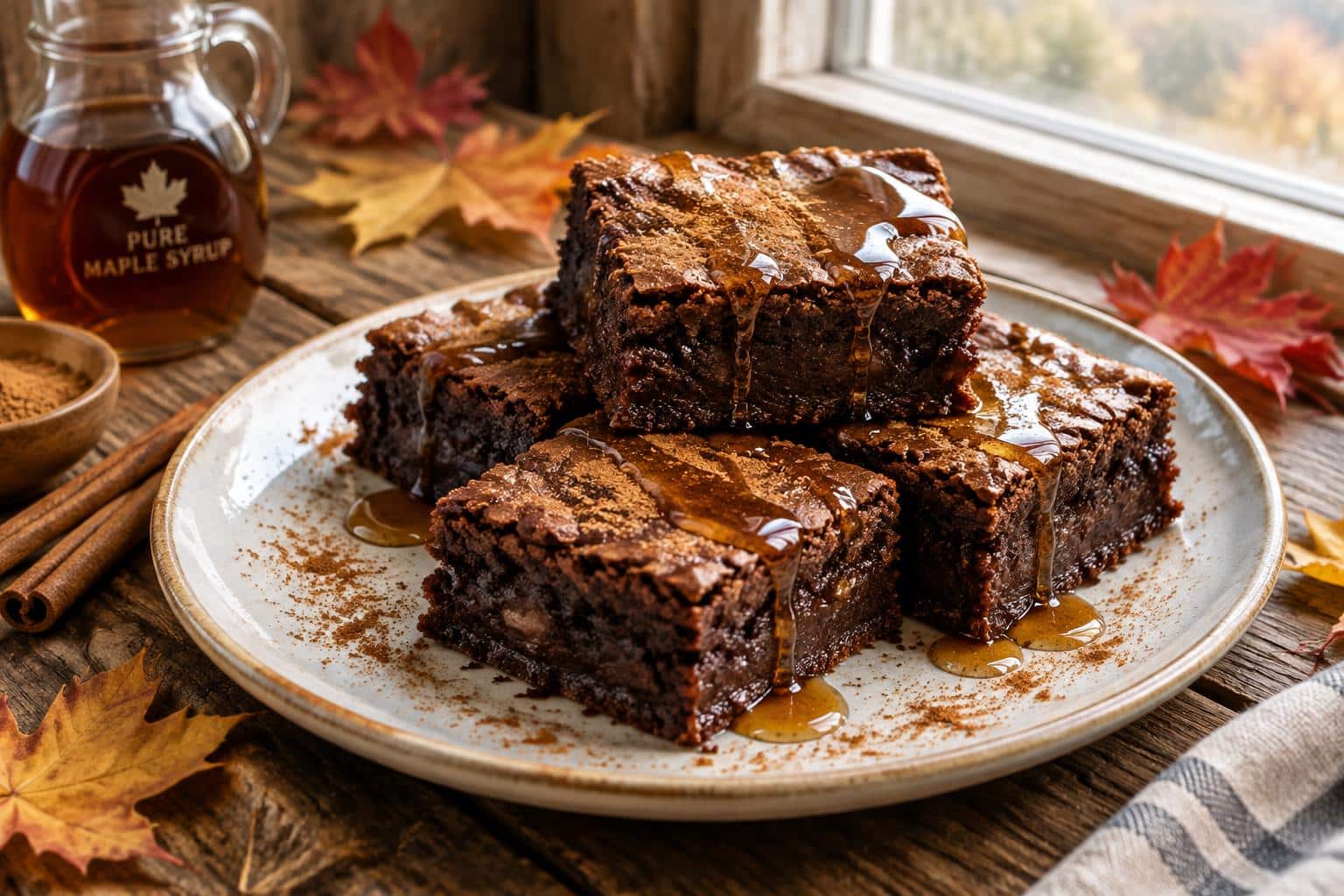 A plate of maple cinnamon brownies garnished with cinnamon and maple syrup, showcasing maple cinnamon brownies