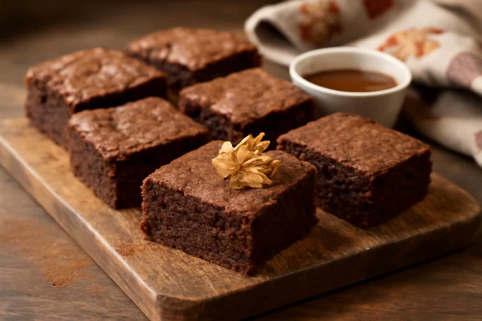 Fudgy maple cinnamon brownies on rustic board showcasing maple cinnamon brownies with warm fall spices