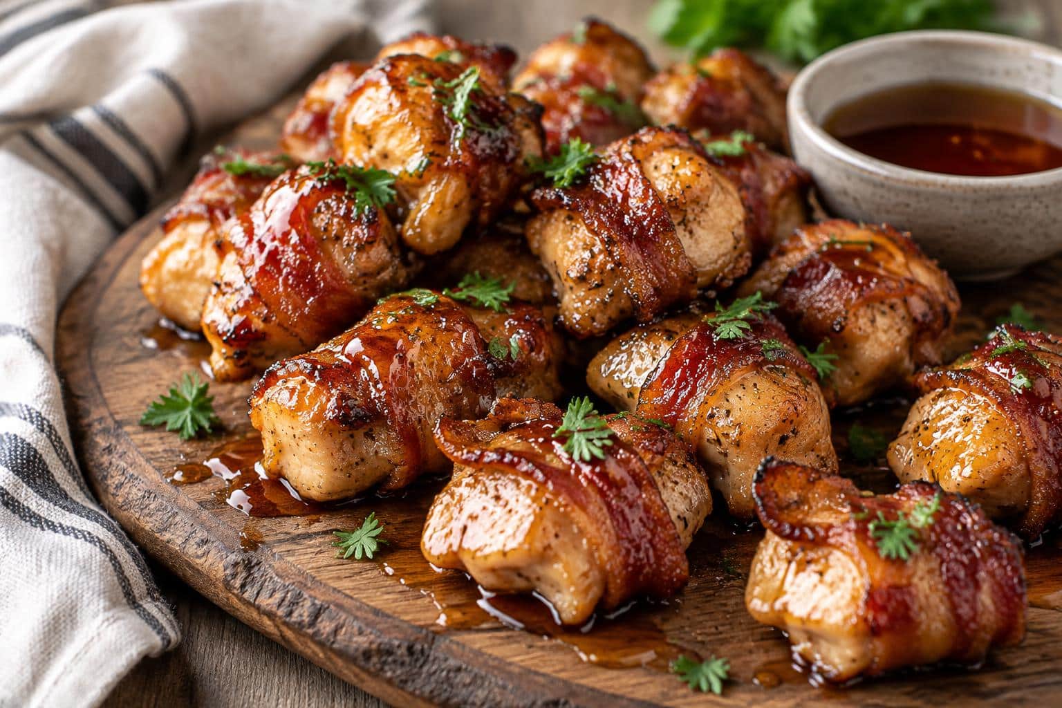 Maple glazed bacon chicken bites with crispy bacon and caramelized glaze on a wooden platter
