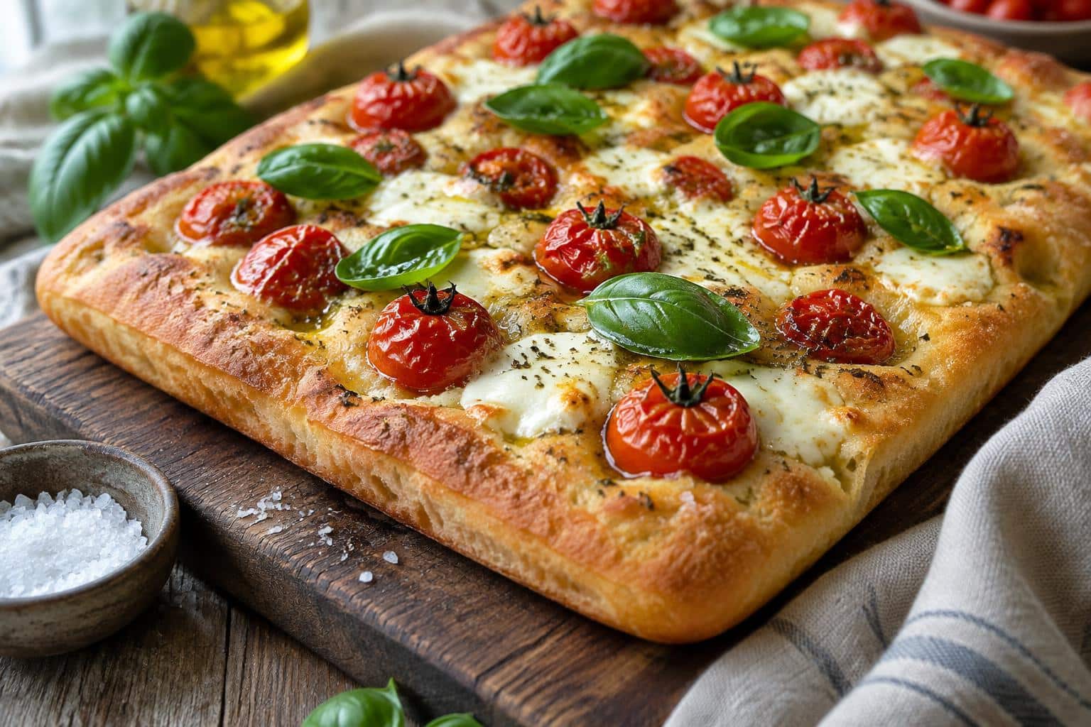 Freshly baked margherita focaccia bread topped with tomatoes, basil, and mozzarella cheese