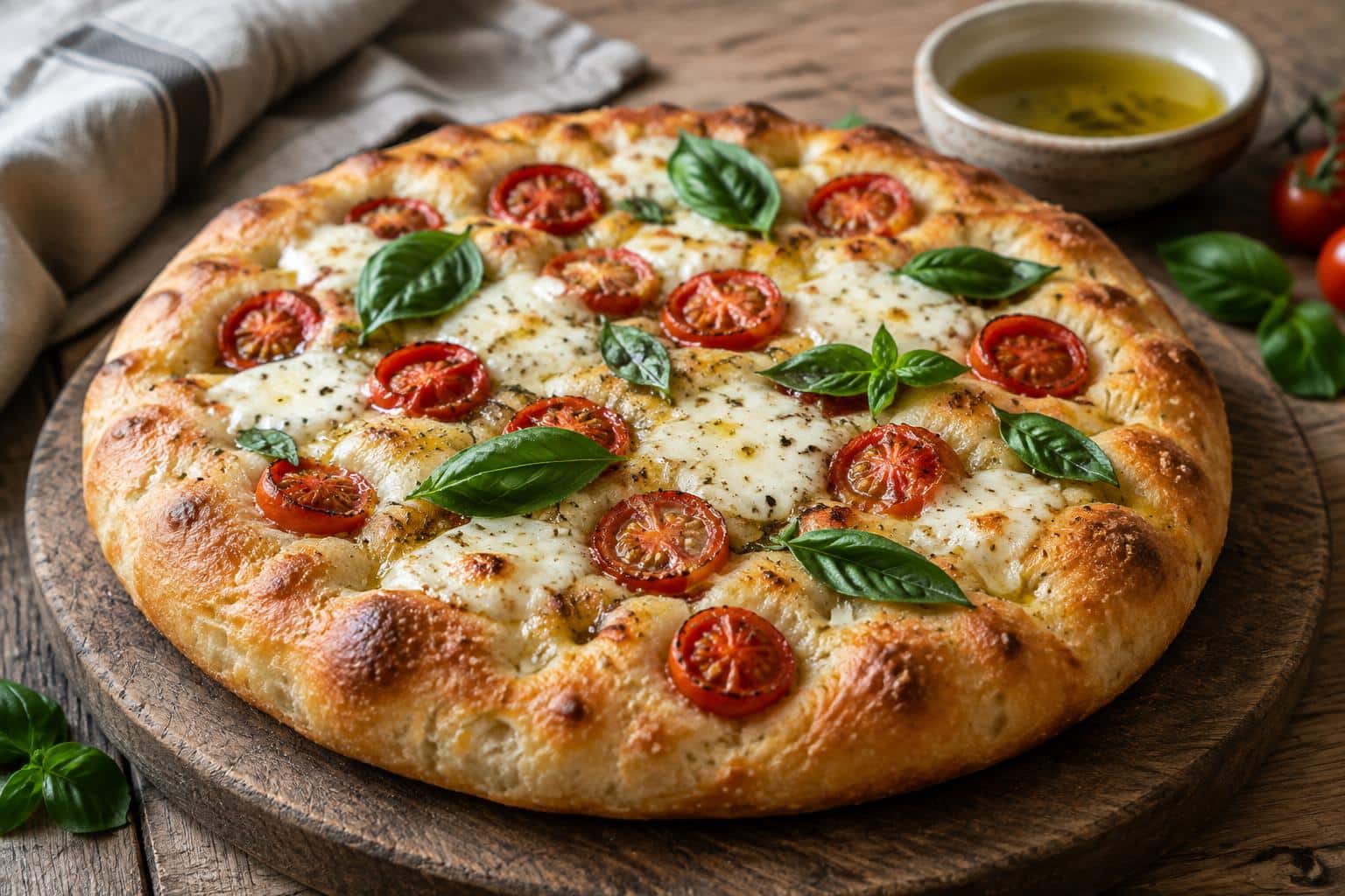 Freshly baked margherita focaccia bread topped with basil, tomatoes, and mozzarella cheese
