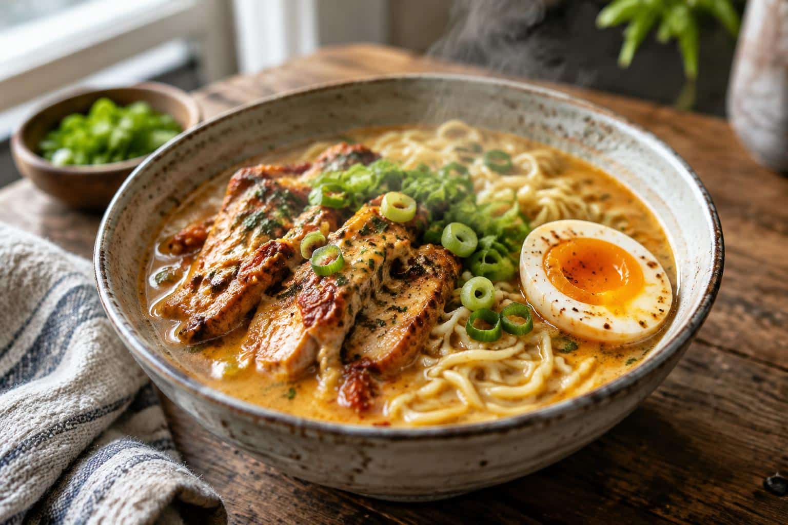 A bowl of Marry Me Chicken Ramen with tender chicken, noodles, egg, and green onions
