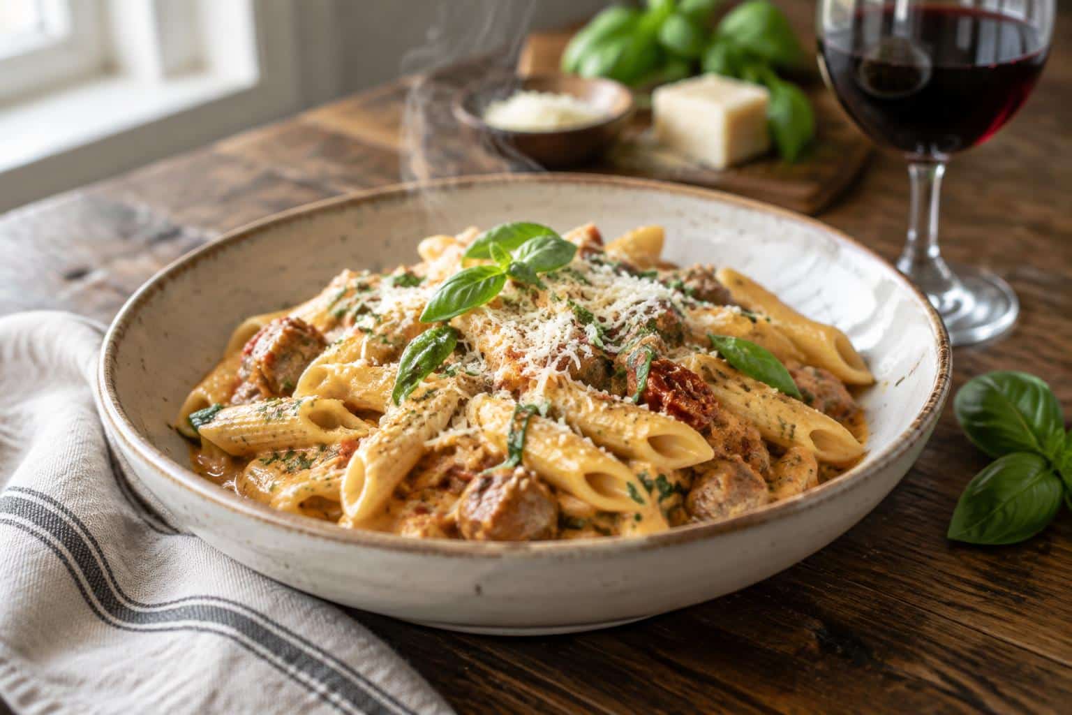 Creamy marry me italian sausage pasta garnished with fresh basil and parmesan cheese