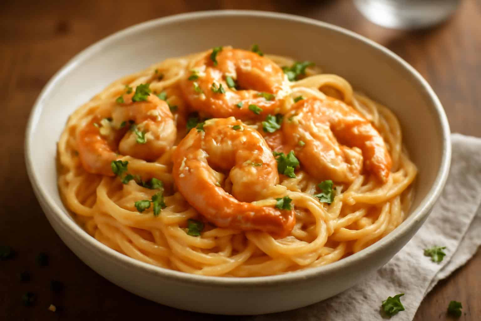 Creamy Marry Me Shrimp Pasta garnished with parsley and Parmesan cheese