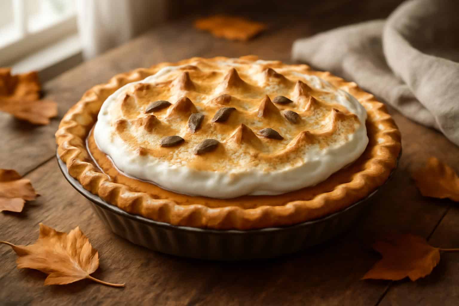 Close-up of marshmallow pumpkin pie with toasted marshmallow topping in natural light