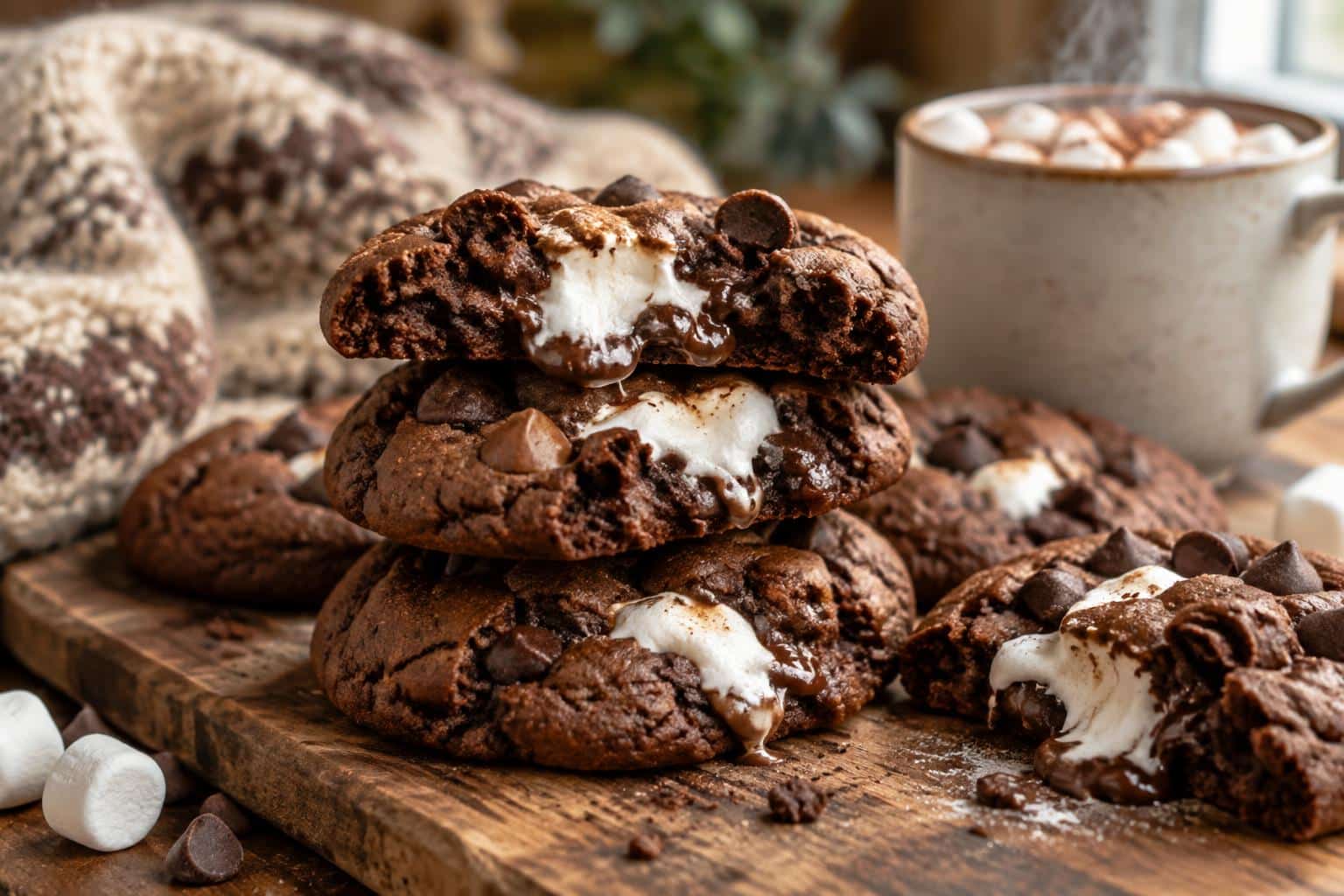 Marshmallow-surprise hot cocoa cookies with melted marshmallow centers fresh from the oven