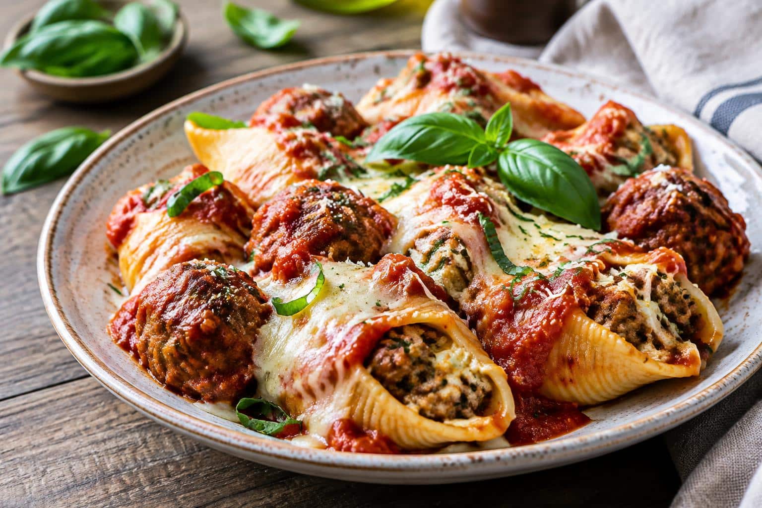 Meatball stuffed shell pasta plated with marinara sauce and melted cheese, garnished with fresh basil