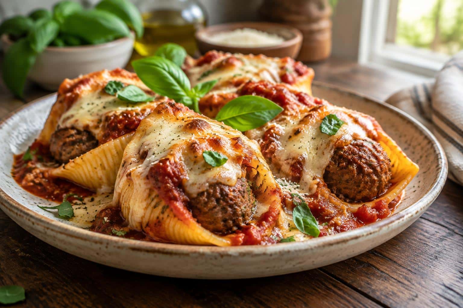 meatball stuffed shell pasta baked with marinara and basil garnish