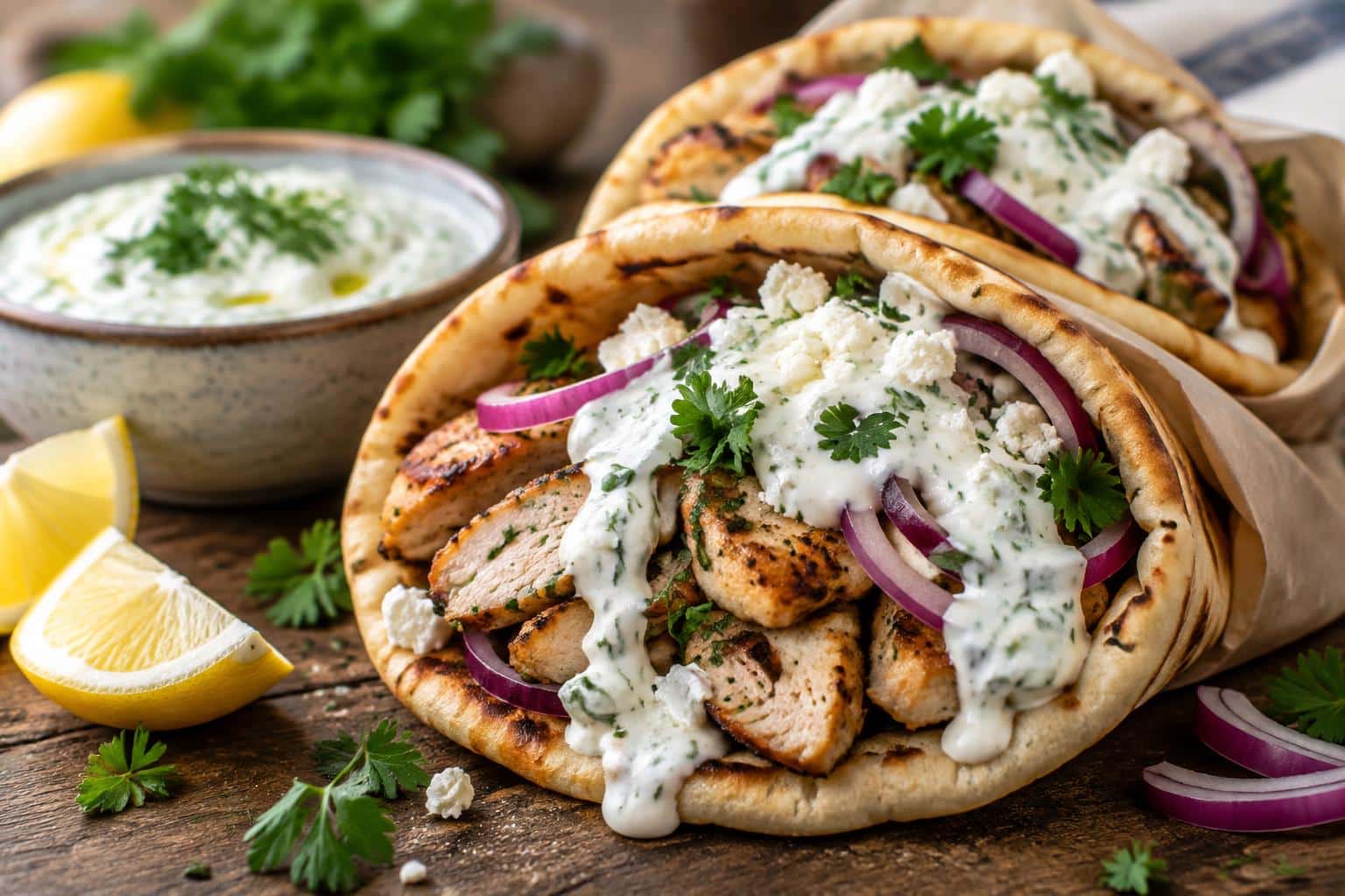 Grilled chicken gyros with creamy feta tzatziki sauce and fresh garnishes on pita bread