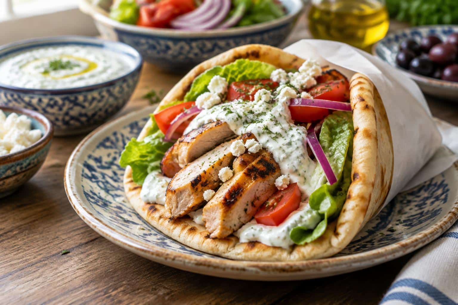 Mediterranean chicken gyros with creamy feta tzatziki sauce on pita bread