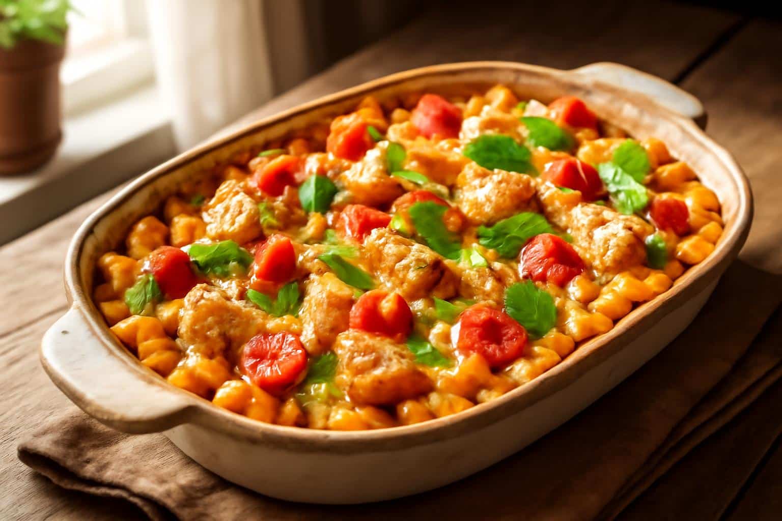 Mediterranean chicken pasta bake with golden cheese and fresh herbs in a baking dish