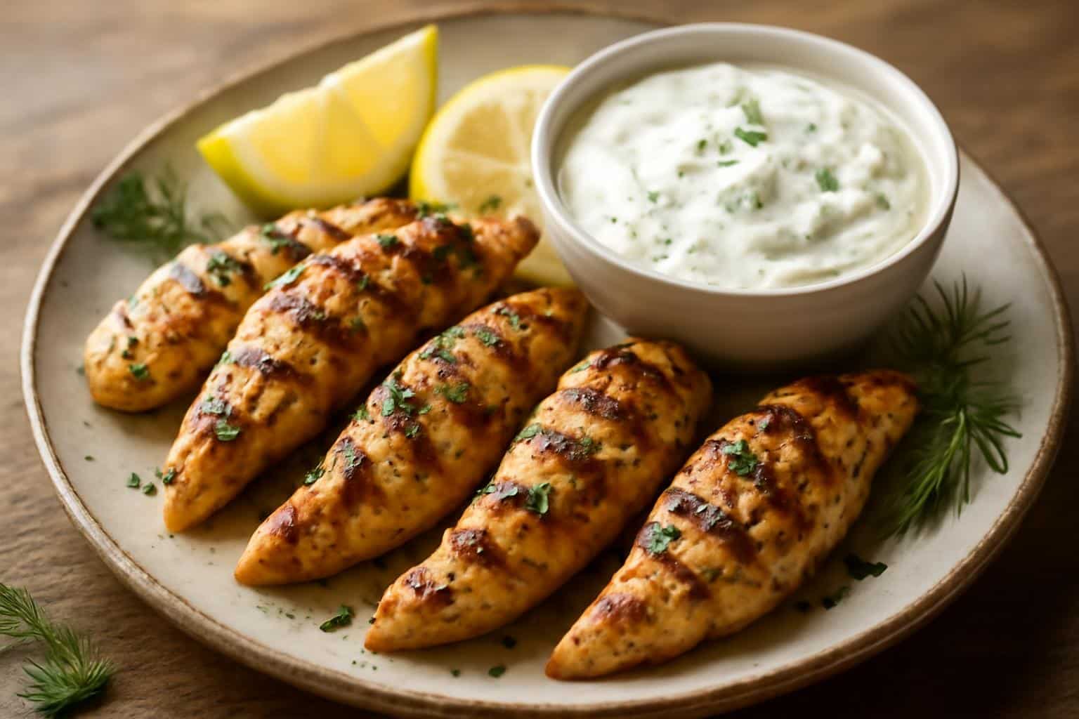 Mediterranean grilled chicken tenders served with zesty tzatziki sauce and lemon wedges on a rustic plate