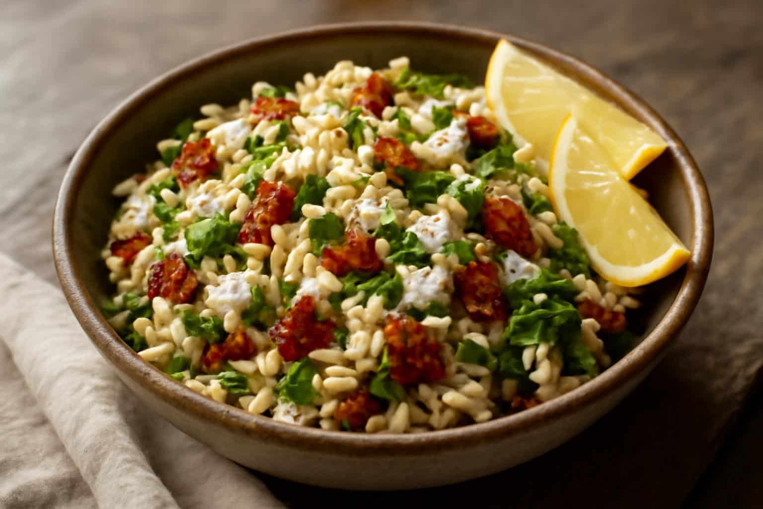 Mediterranean orzo salad with feta and sun-dried tomatoes in rustic bowl