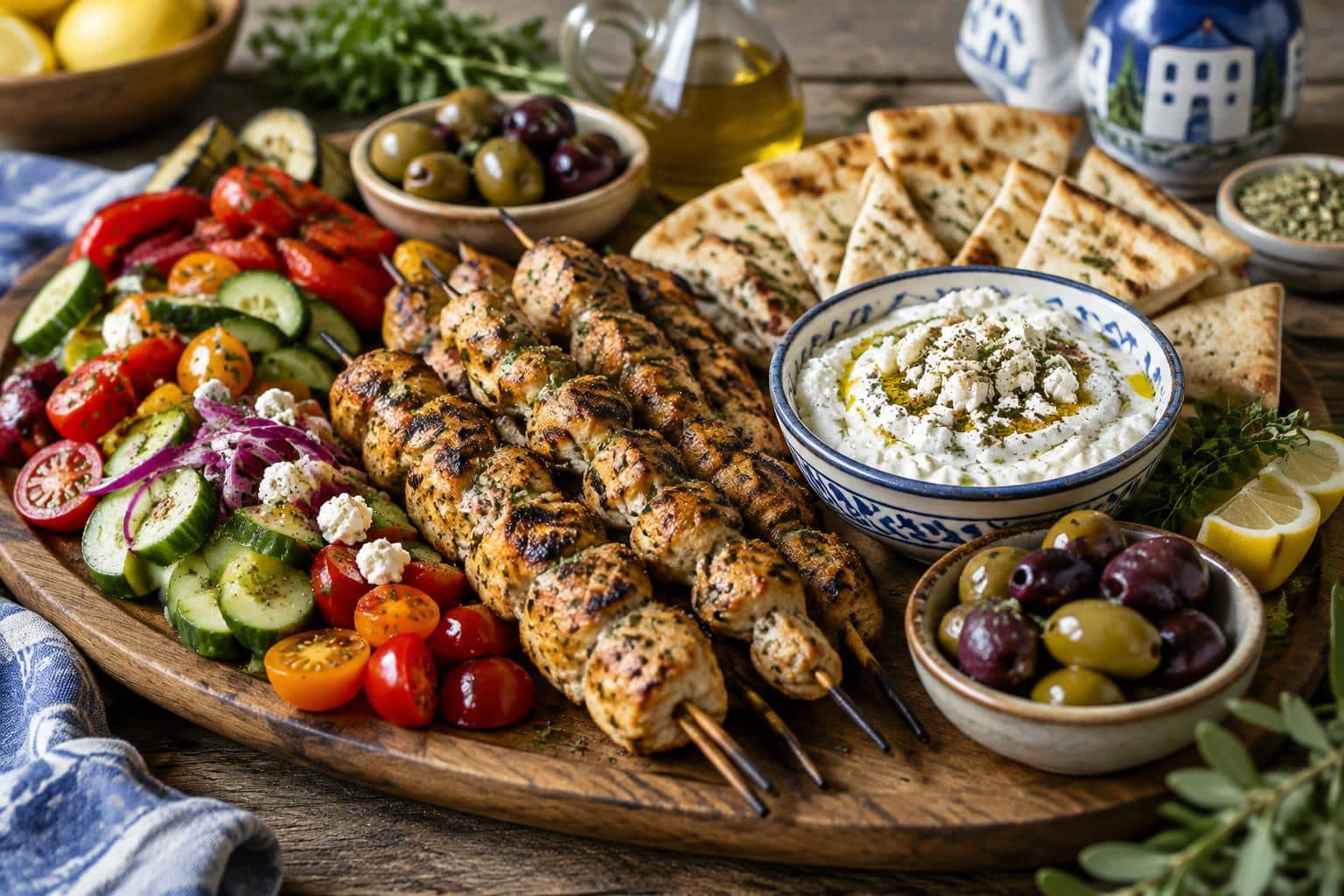 Mediterranean souvlaki grazing board with grilled skewers and creamy feta dip