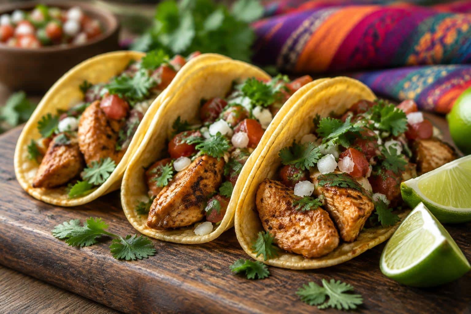 Medium spiced chicken tacos with fresh cilantro and lime wedges on a rustic wooden board