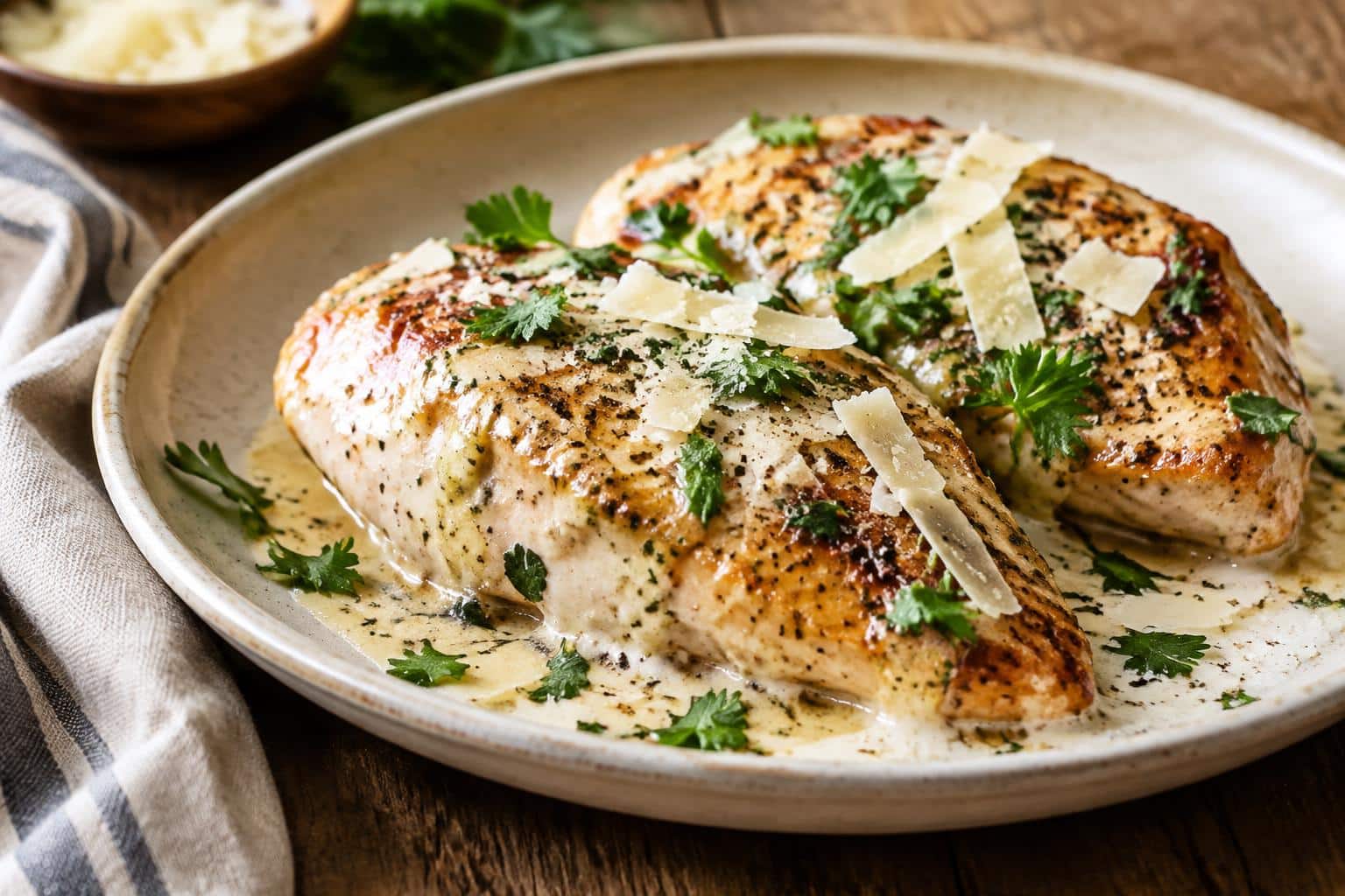 Plate of melt in your mouth Caesar chicken recipe with creamy sauce and Parmesan garnish