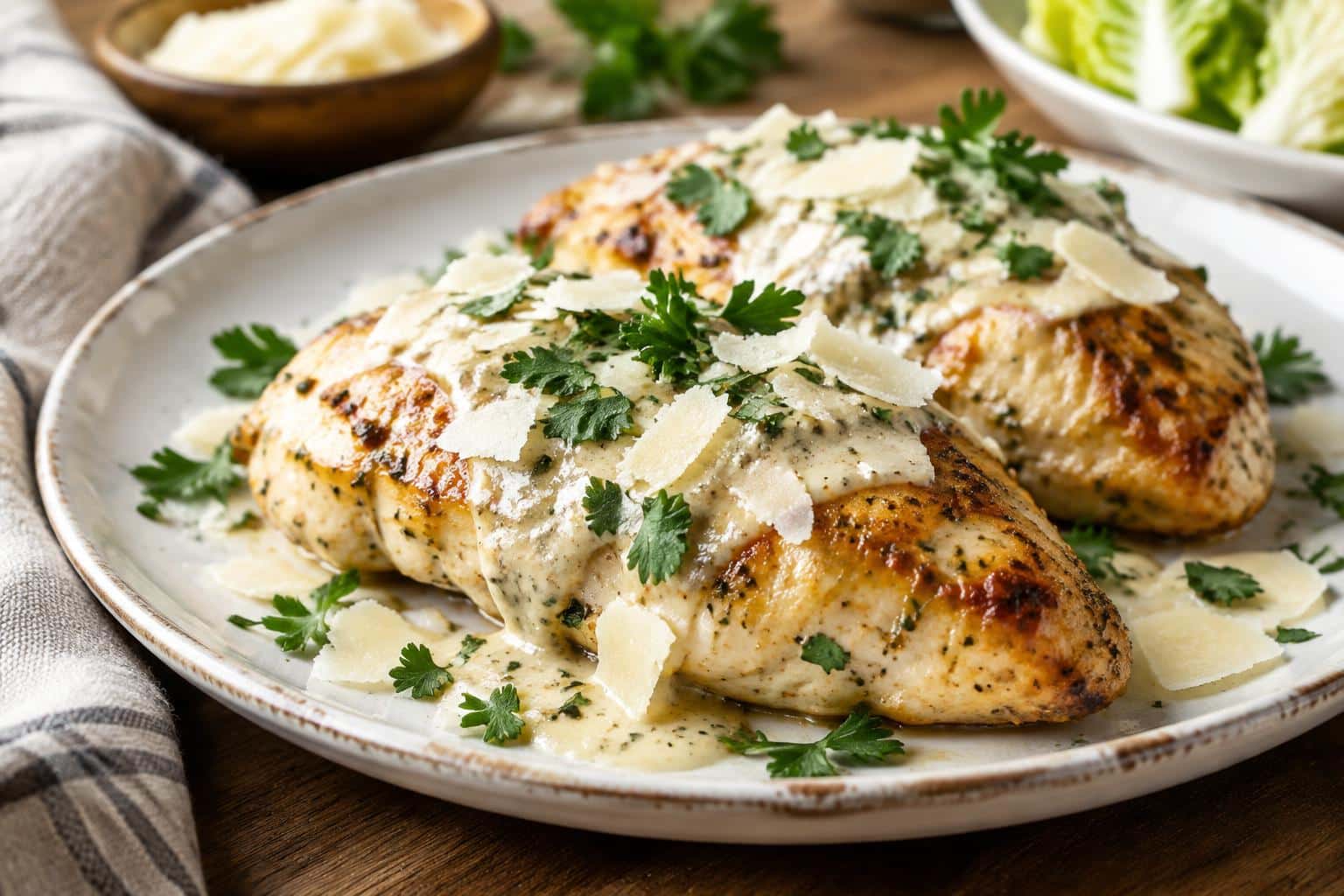 Juicy melt in your mouth caesar chicken topped with creamy dressing and parmesan garnished with parsley
