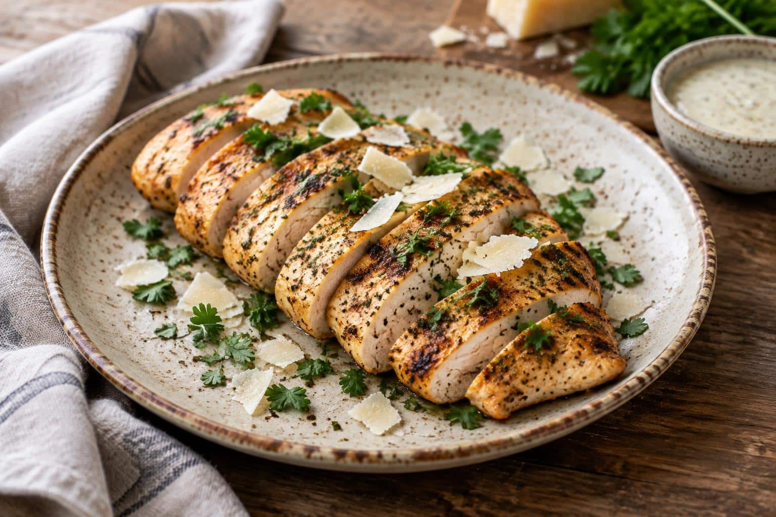 Juicy slice of caesar chicken garnished with parsley and parmesan cheese
