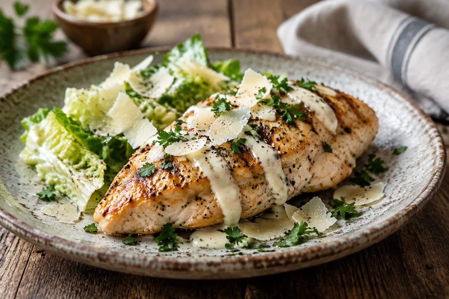 Juicy melt in your mouth caesar chicken with creamy dressing and Parmesan garnish