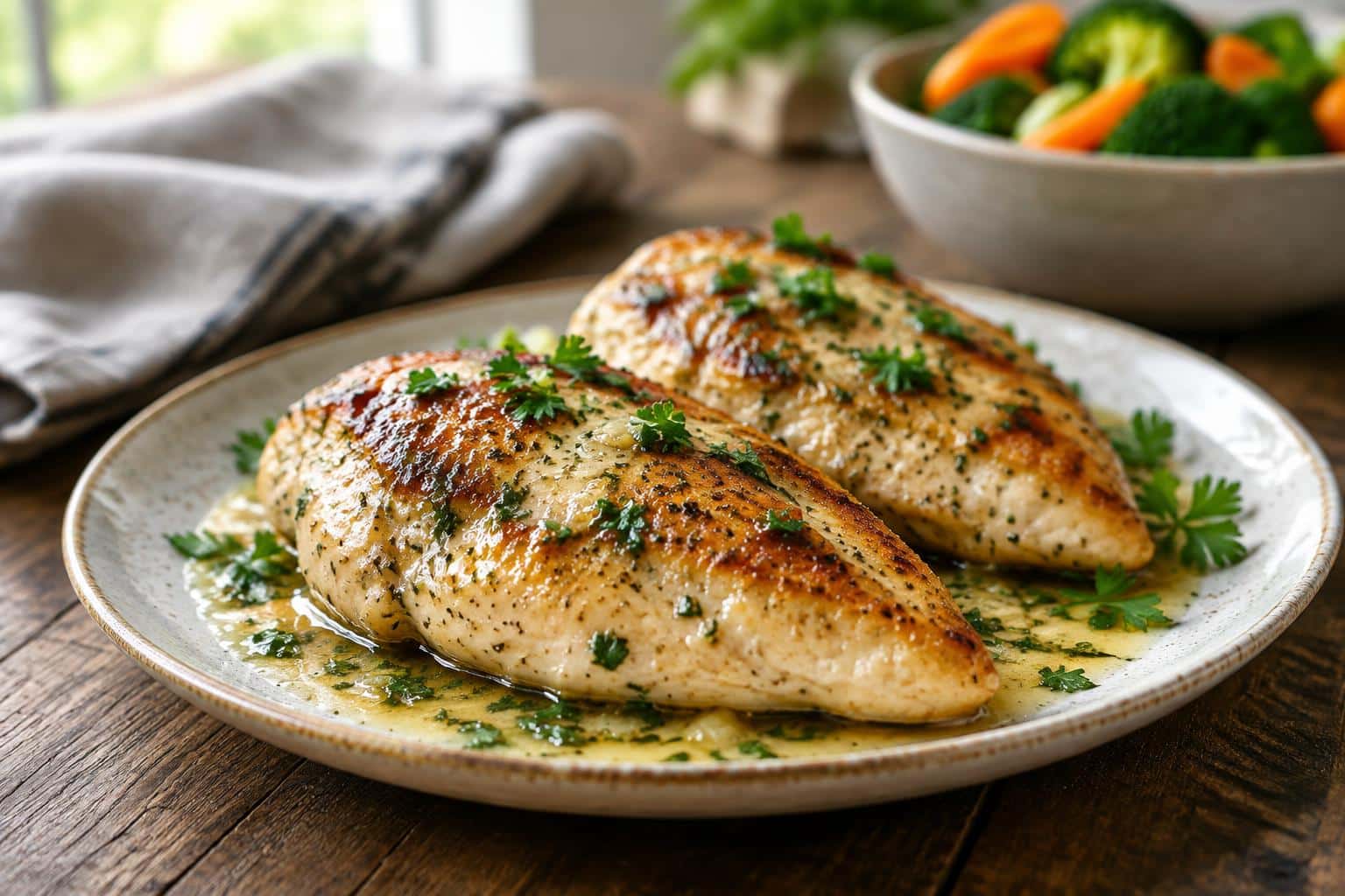 Plate of juicy chicken breasts cooked stovetop with herb butter sauce and fresh parsley garnish