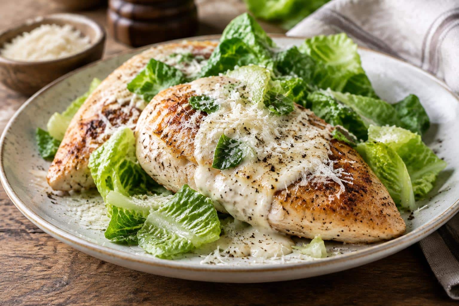 Plate of melt in your mouth caesar chicken topped with creamy sauce and fresh greens