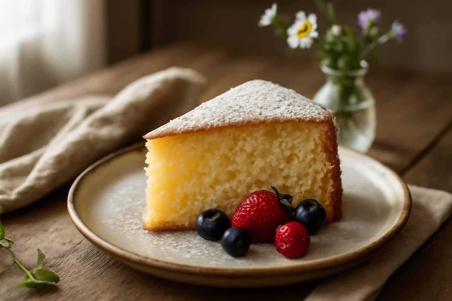 Slice of melt-in-your-mouth cake with powdered sugar and fresh berries on rustic plate