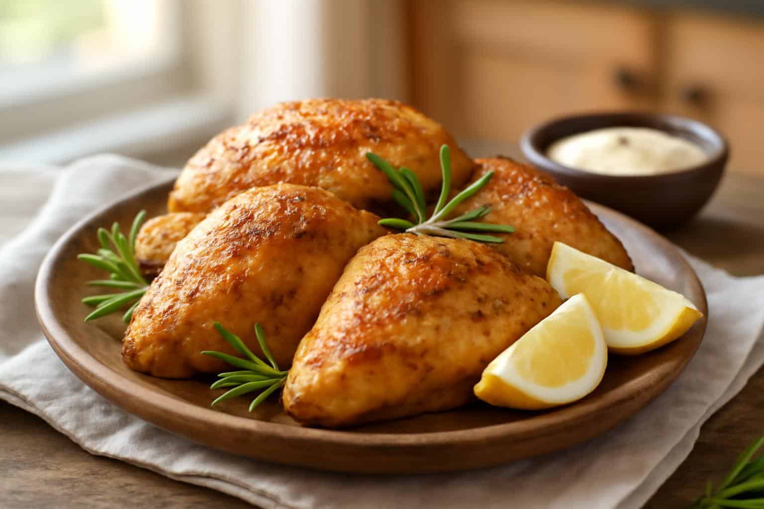 Golden brown melt in your mouth chicken with rosemary and lemon garnish on rustic plate
