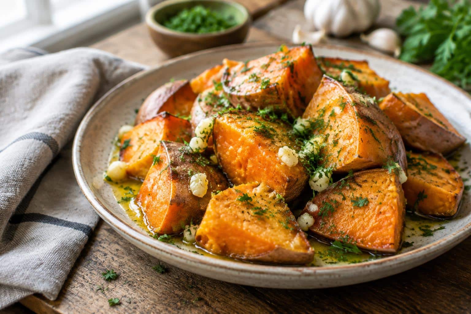 Melting sweet potatoes with garlic butter and herbs garnished with fresh parsley