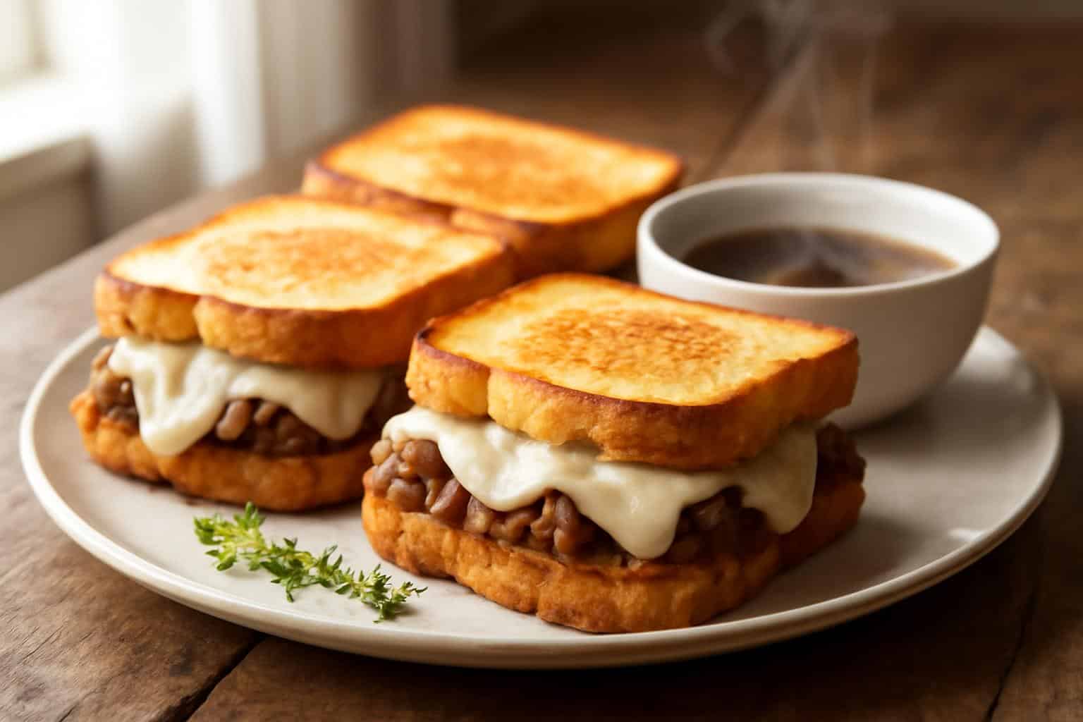 melty french dips on toasted Texas toast with au jus dipping sauce