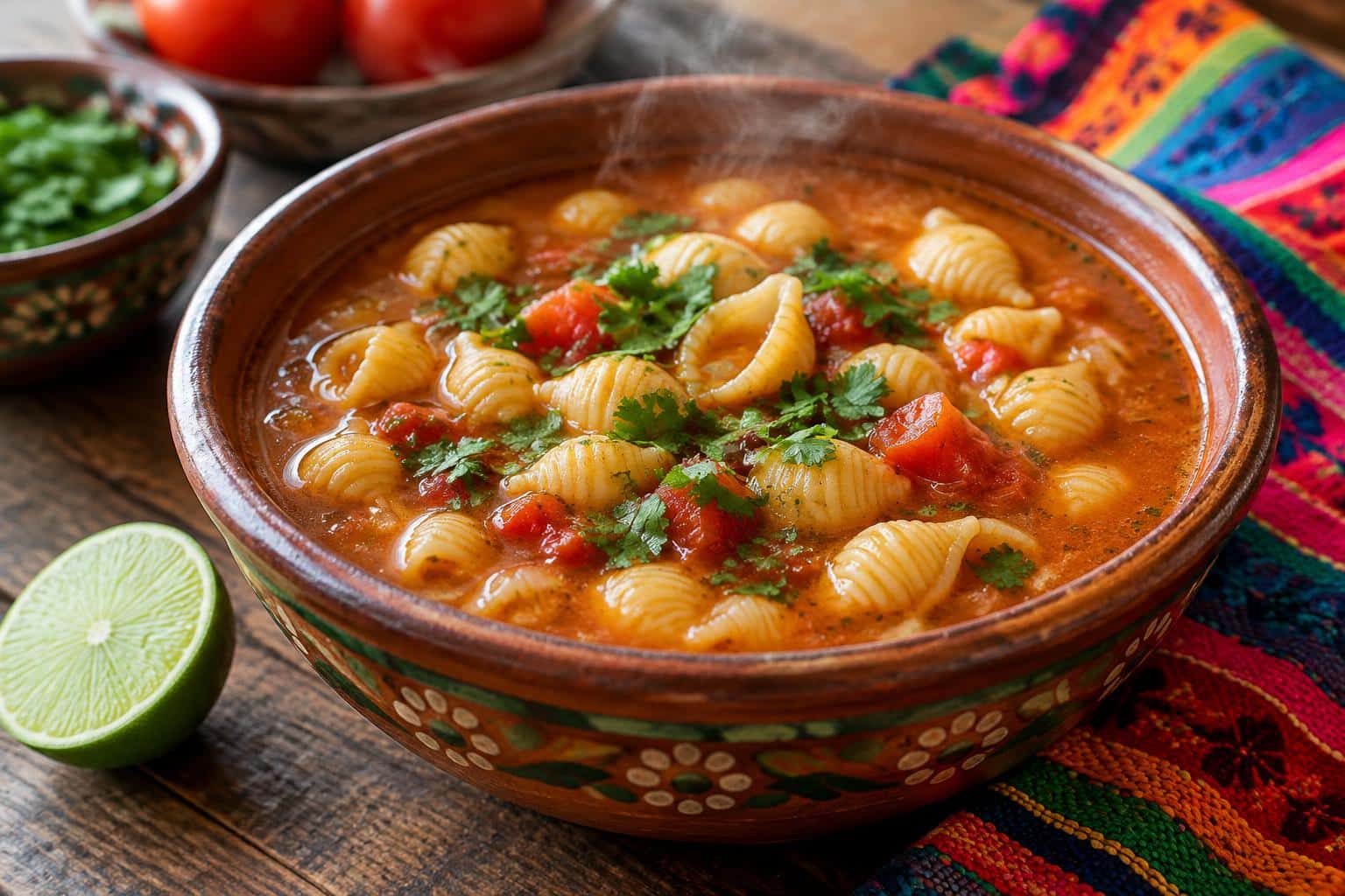 Bowl of Mexican sopa de conchas with shell pasta and fresh herbs in savory broth