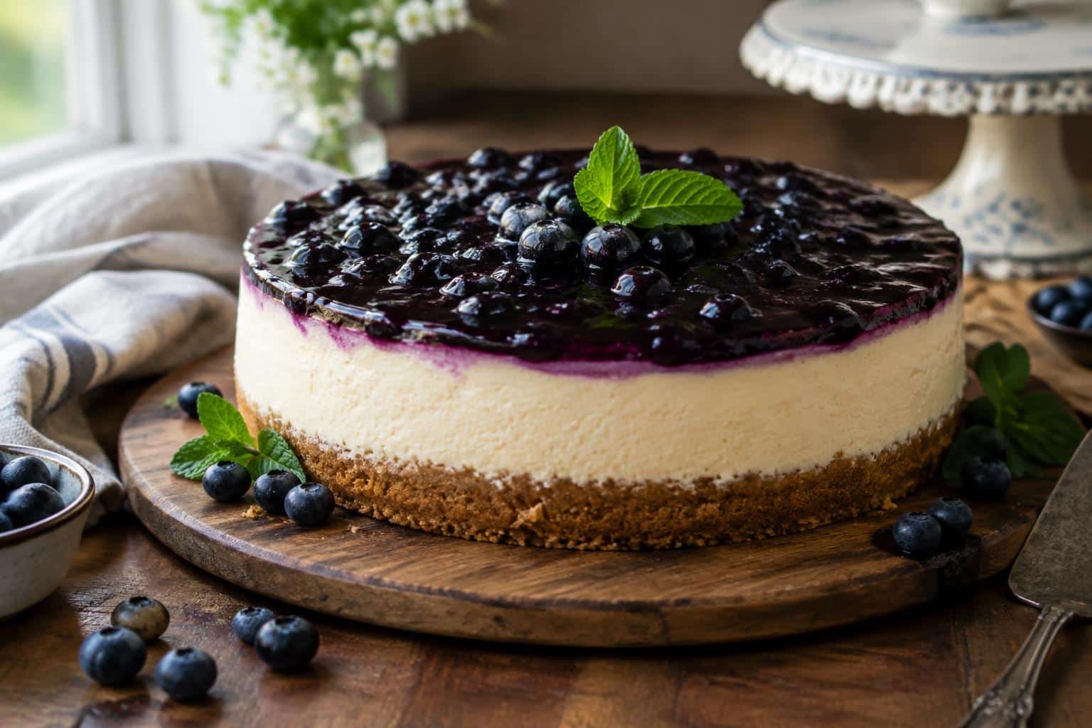 Silky blueberry cheesecake with glossy blueberry topping and graham cracker crust on rustic wooden surface