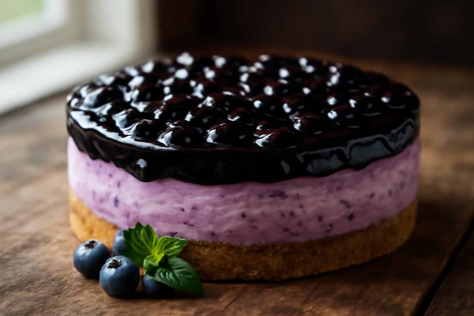 Silky blueberry cheesecake with glossy blueberry topping and fresh blueberries garnish