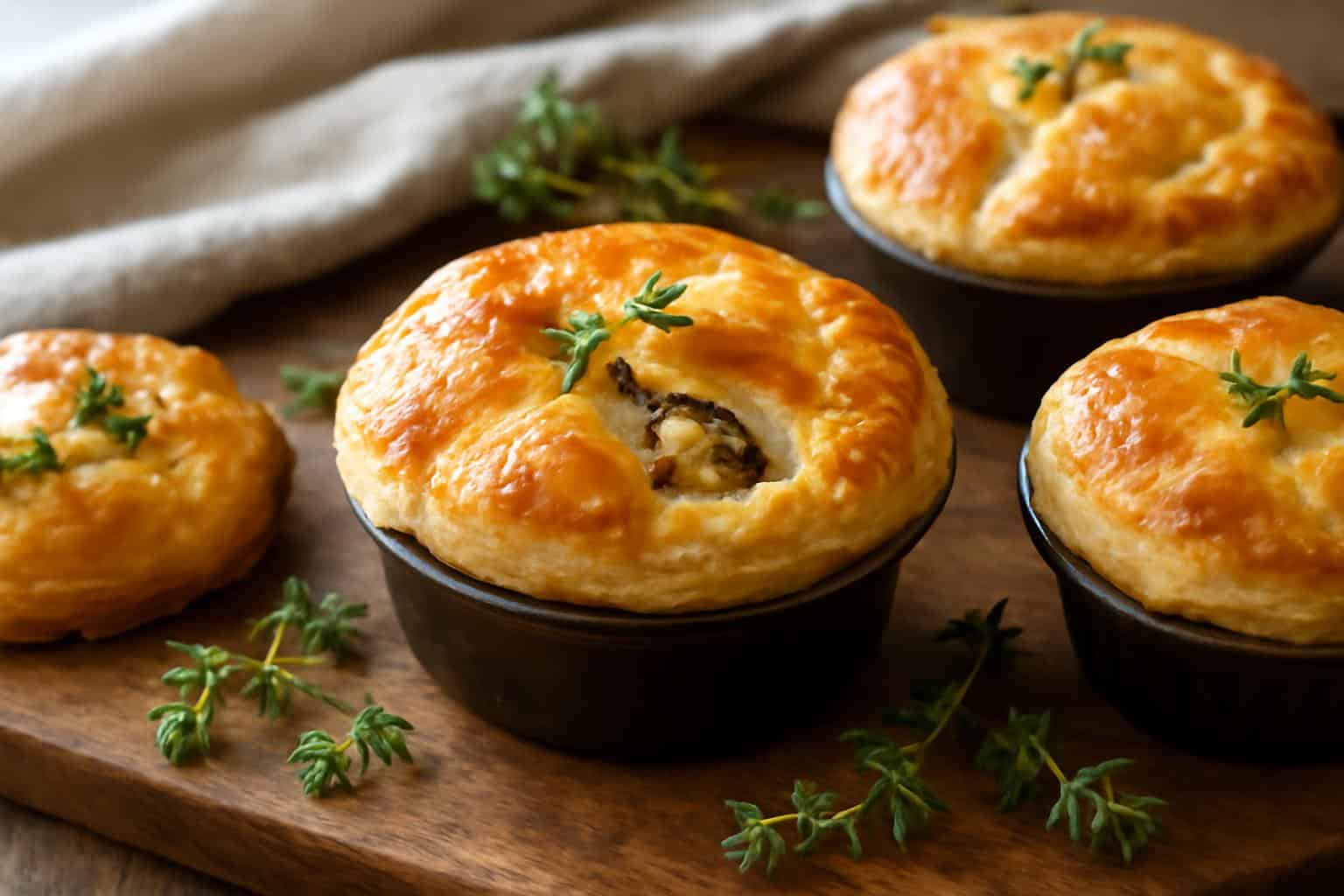 Mini mushroom pot pies with Gruyère and thyme on rustic wooden surface
