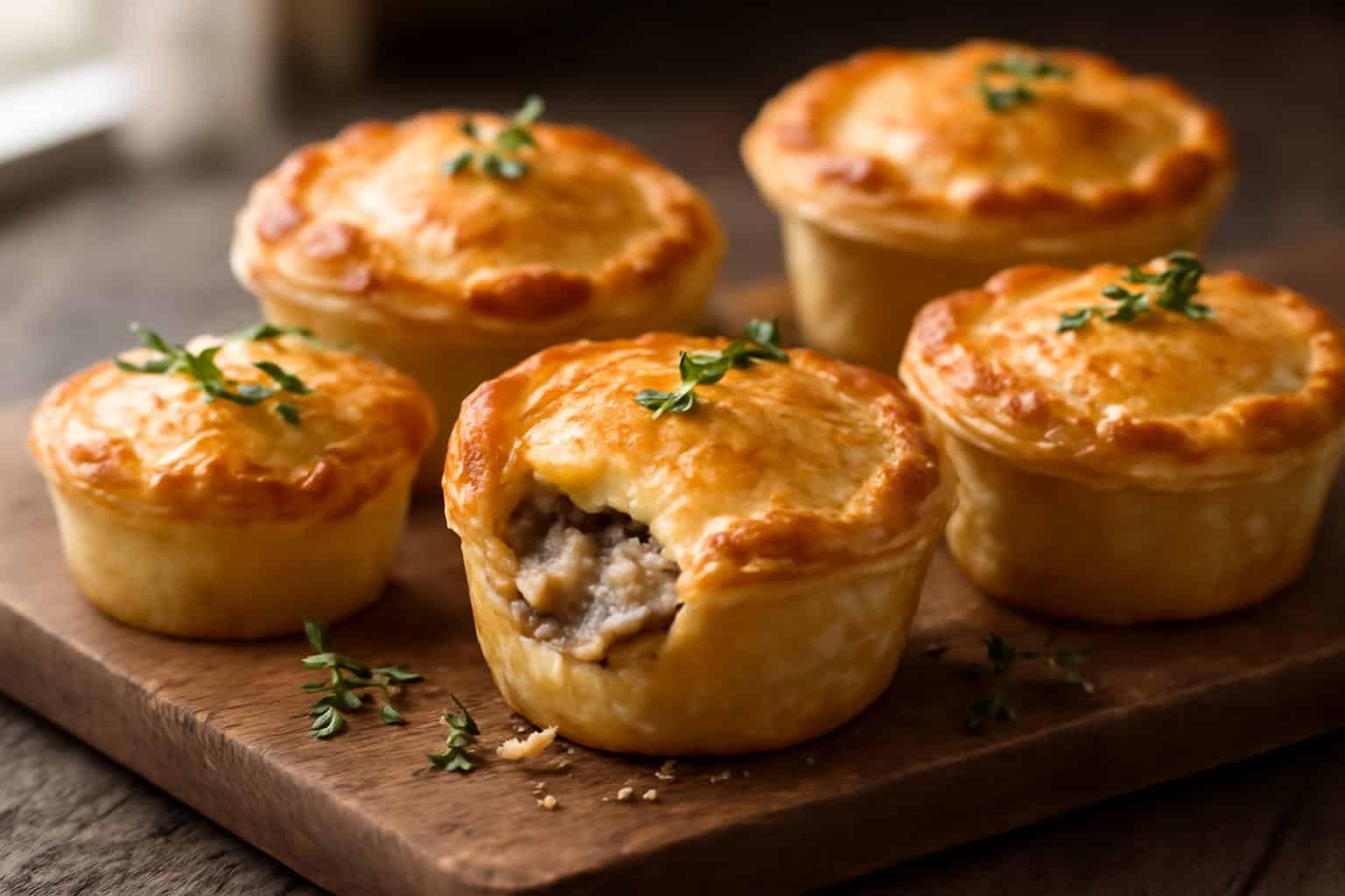 Mini mushroom pot pies with Gruyère and thyme garnished on rustic board