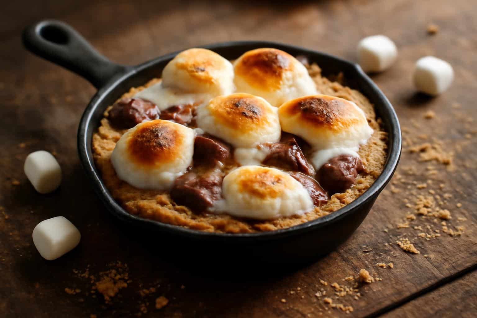 Mini smore cookie skillets with melted marshmallows and chocolate in a small skillet
