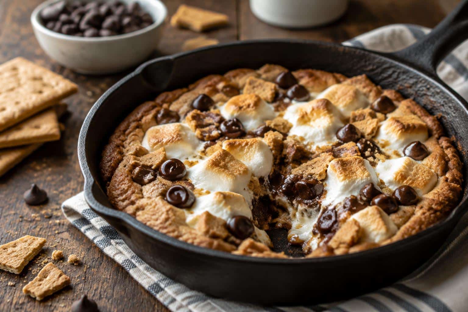 Mini s'mores skillet cookies with melted marshmallows and chocolate in a rustic skillet