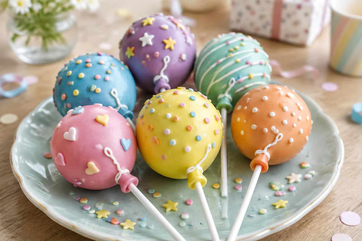 Close-up of minimalist balloon cake pops with colorful frosting and playful designs
