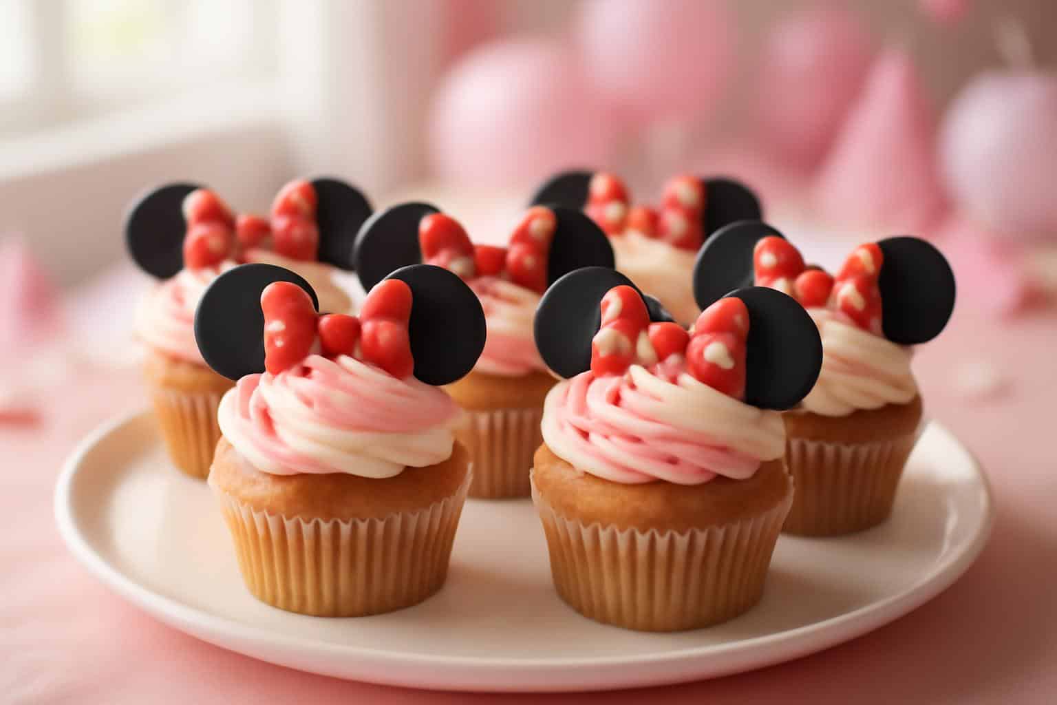 Minnie mouse birthday themed cupcakes with pink frosting and black ears