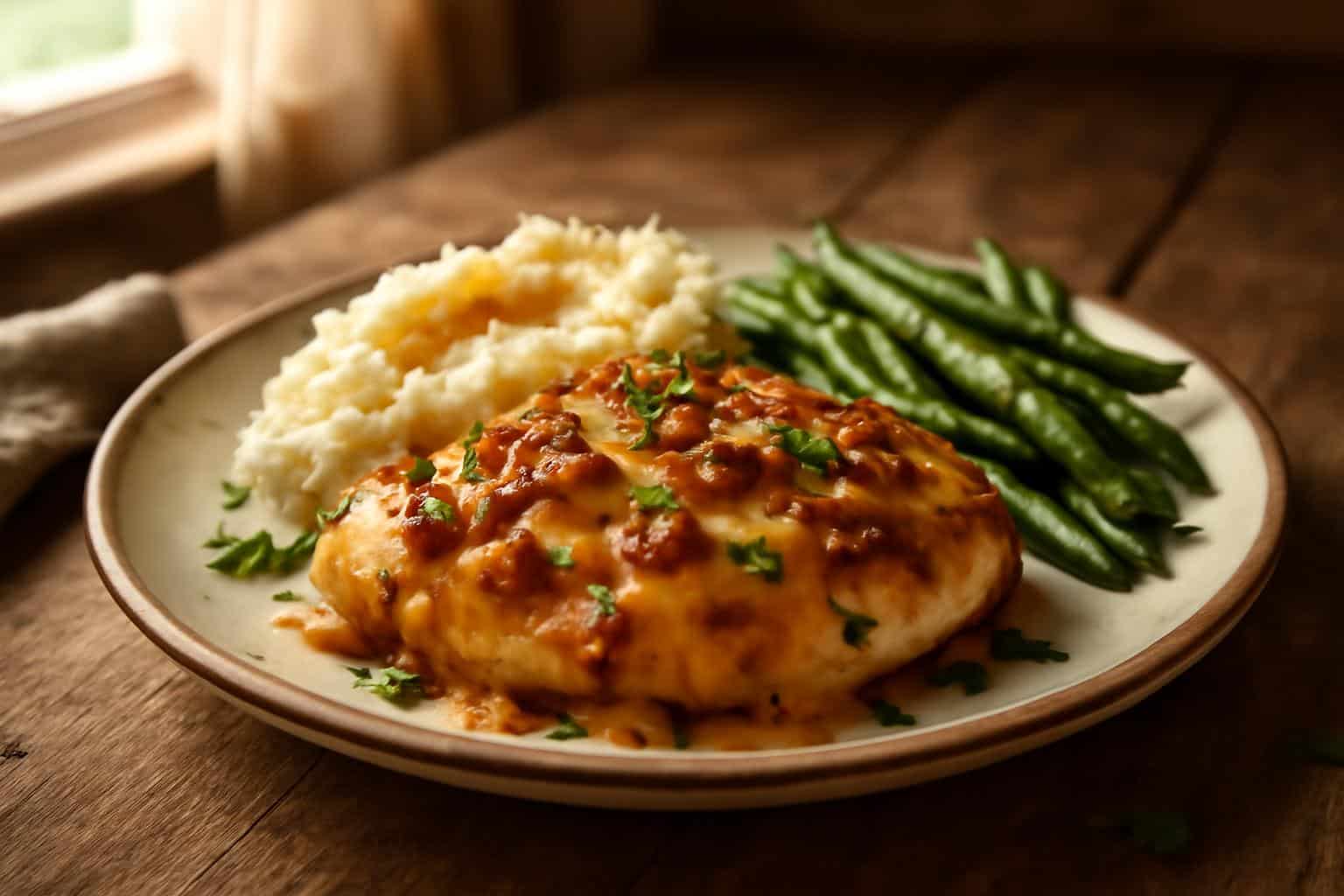 Mississippi mud chicken served on a rustic plate garnished with parsley and sides, showcasing the rich texture