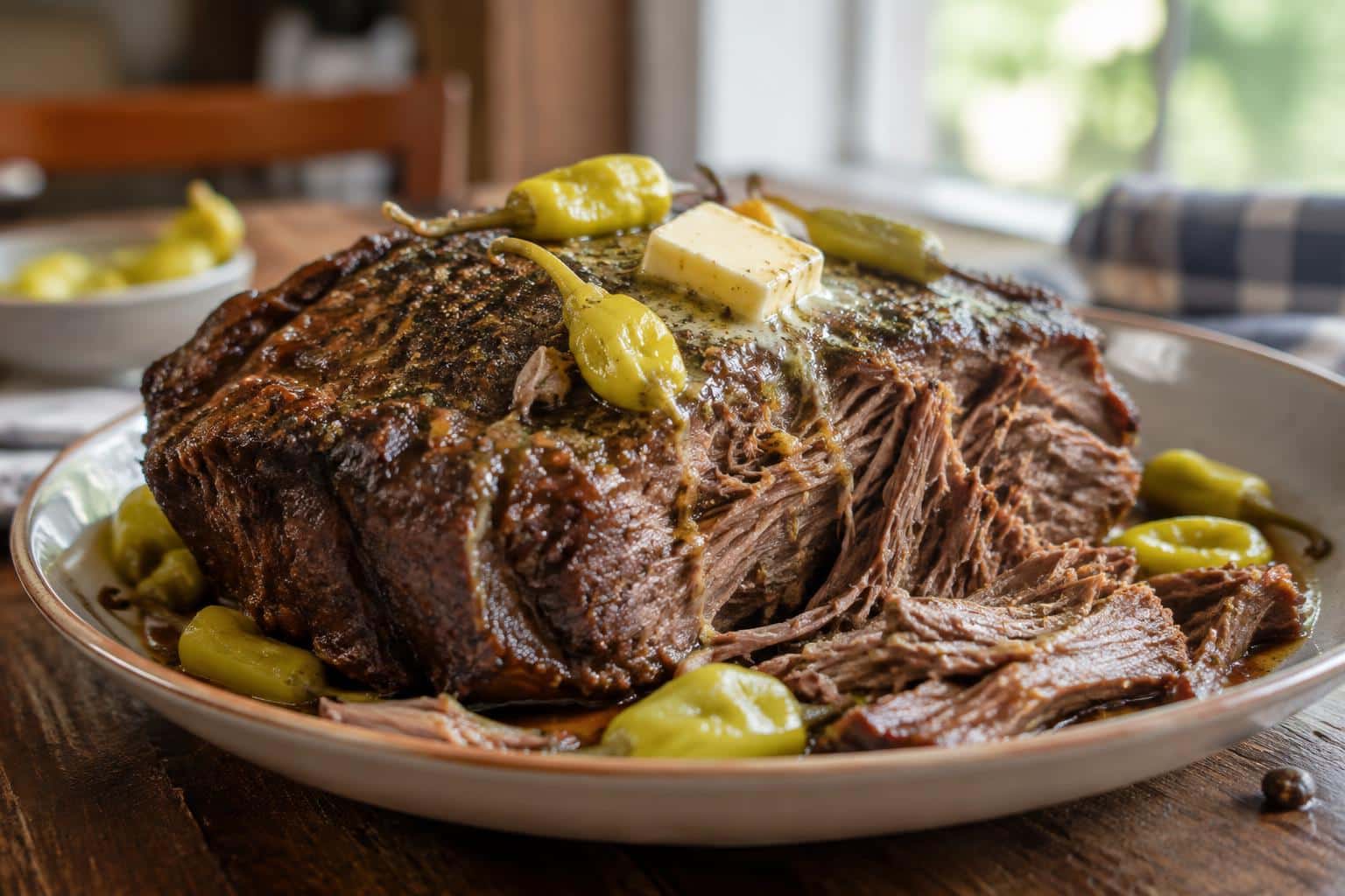 Slow cooker chuck roast Mississippi style with pepperoncini peppers and buttery sauce