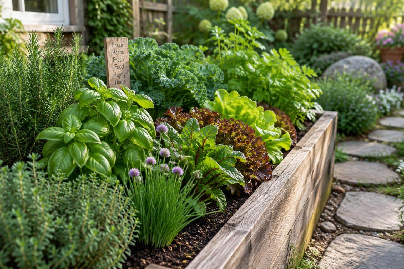 Lush raised bed garden showcasing modern garden design with vibrant plants and landscaping