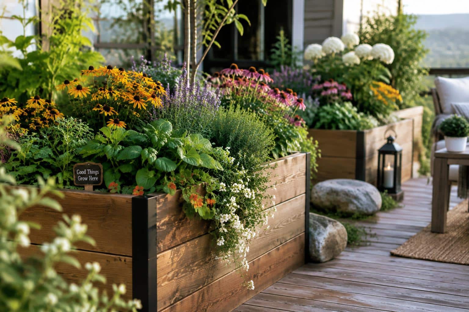 Modern garden design with easy raised beds and lush landscaping showcasing vibrant plants and greenery