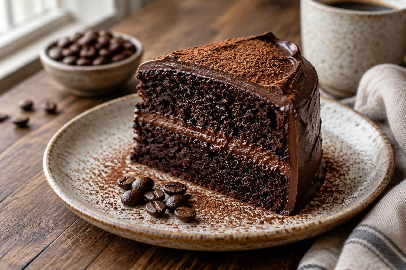 Moist chocolate espresso cake slice with cocoa powder and coffee beans garnish