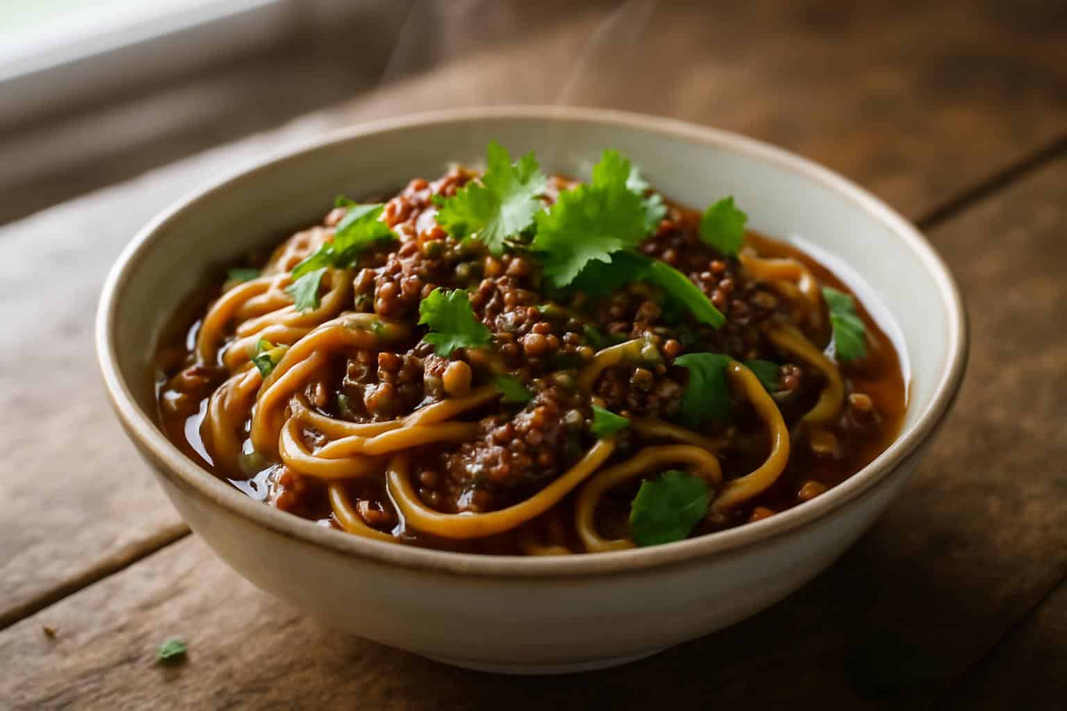 Mongolian ground beef noodle delight served in a bowl garnished with scallions and sesame seeds