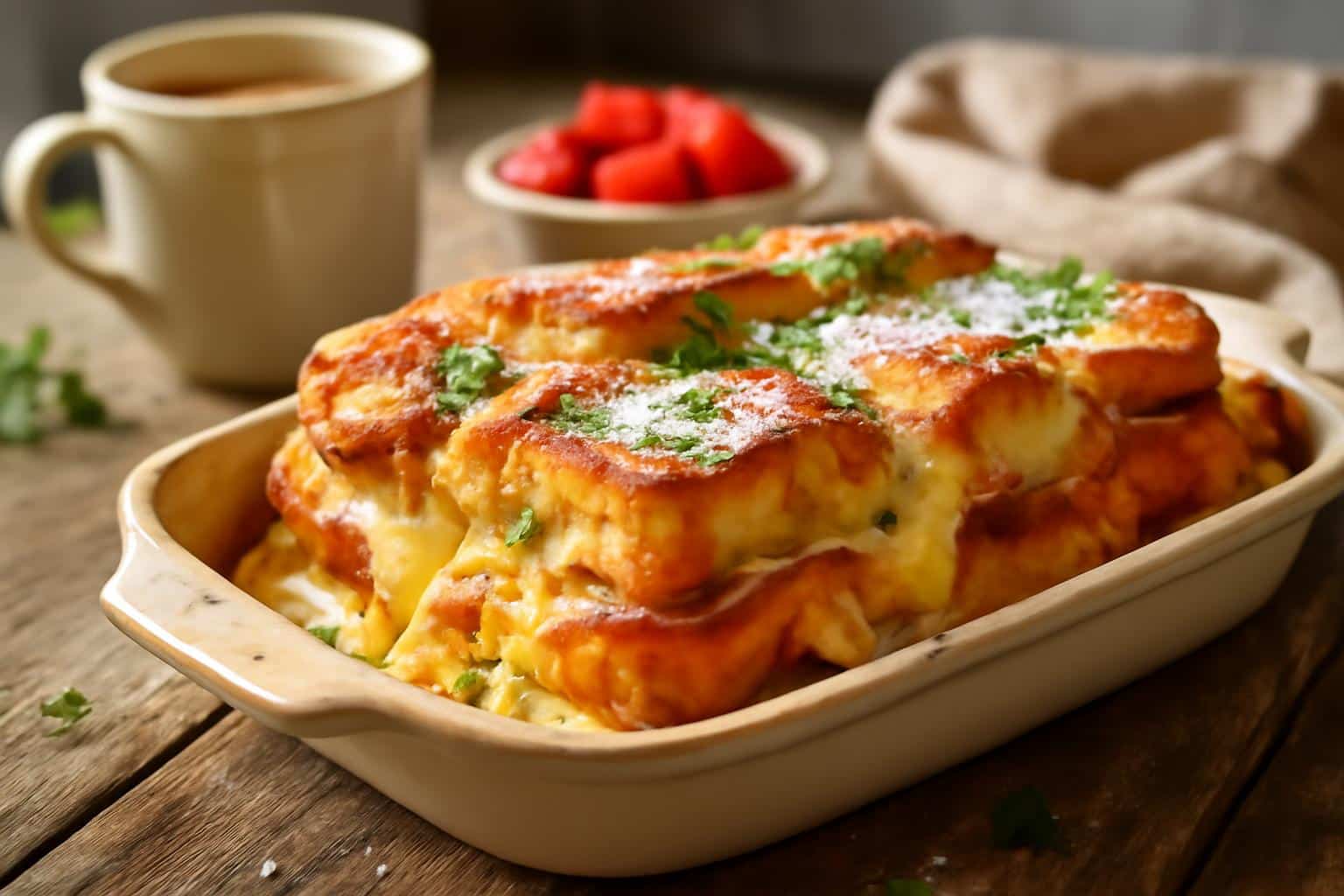 Golden Monte Cristo breakfast casserole with melted cheese and parsley garnish