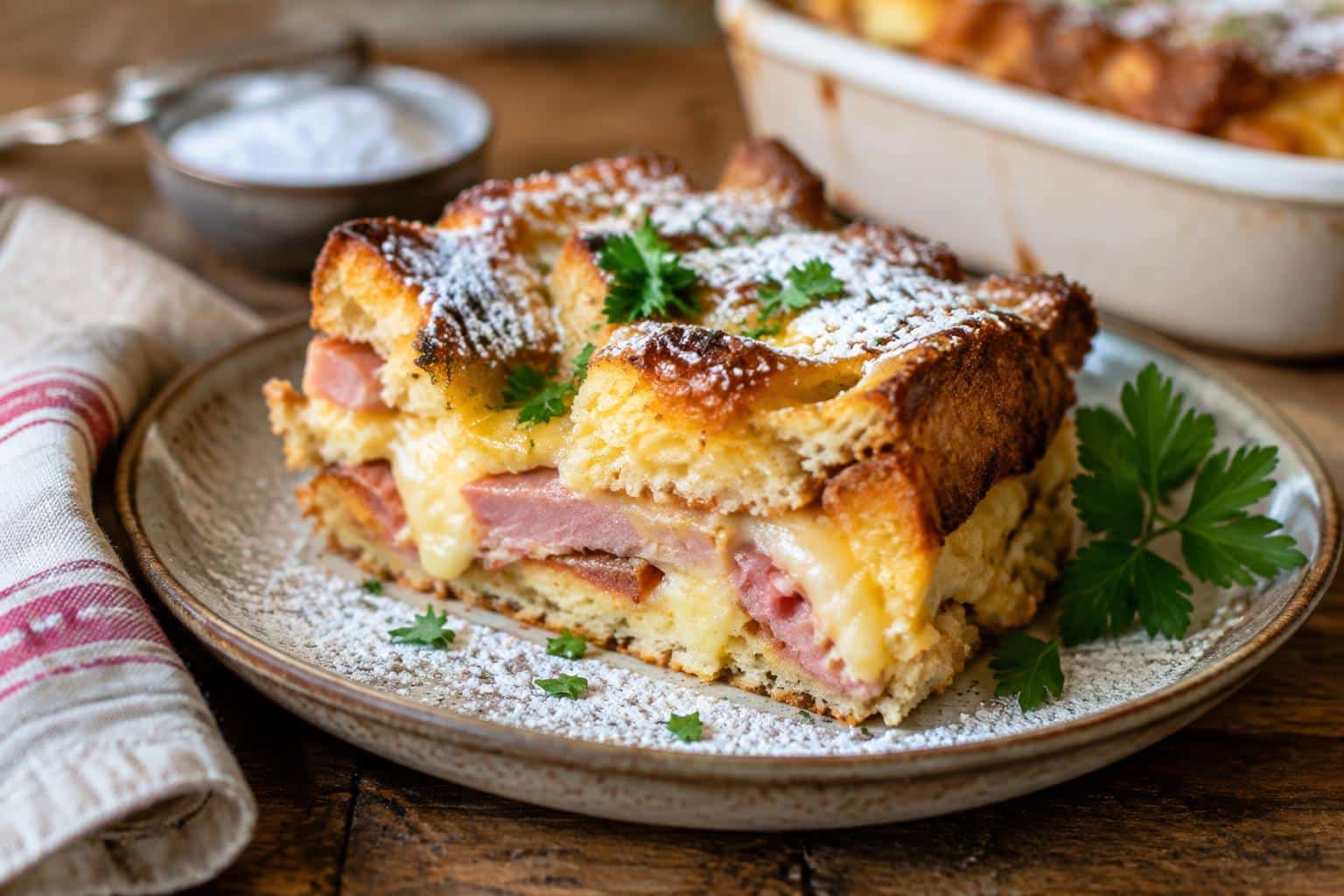 Golden monte cristo casserole slice with melted cheese and powdered sugar, garnished with parsley