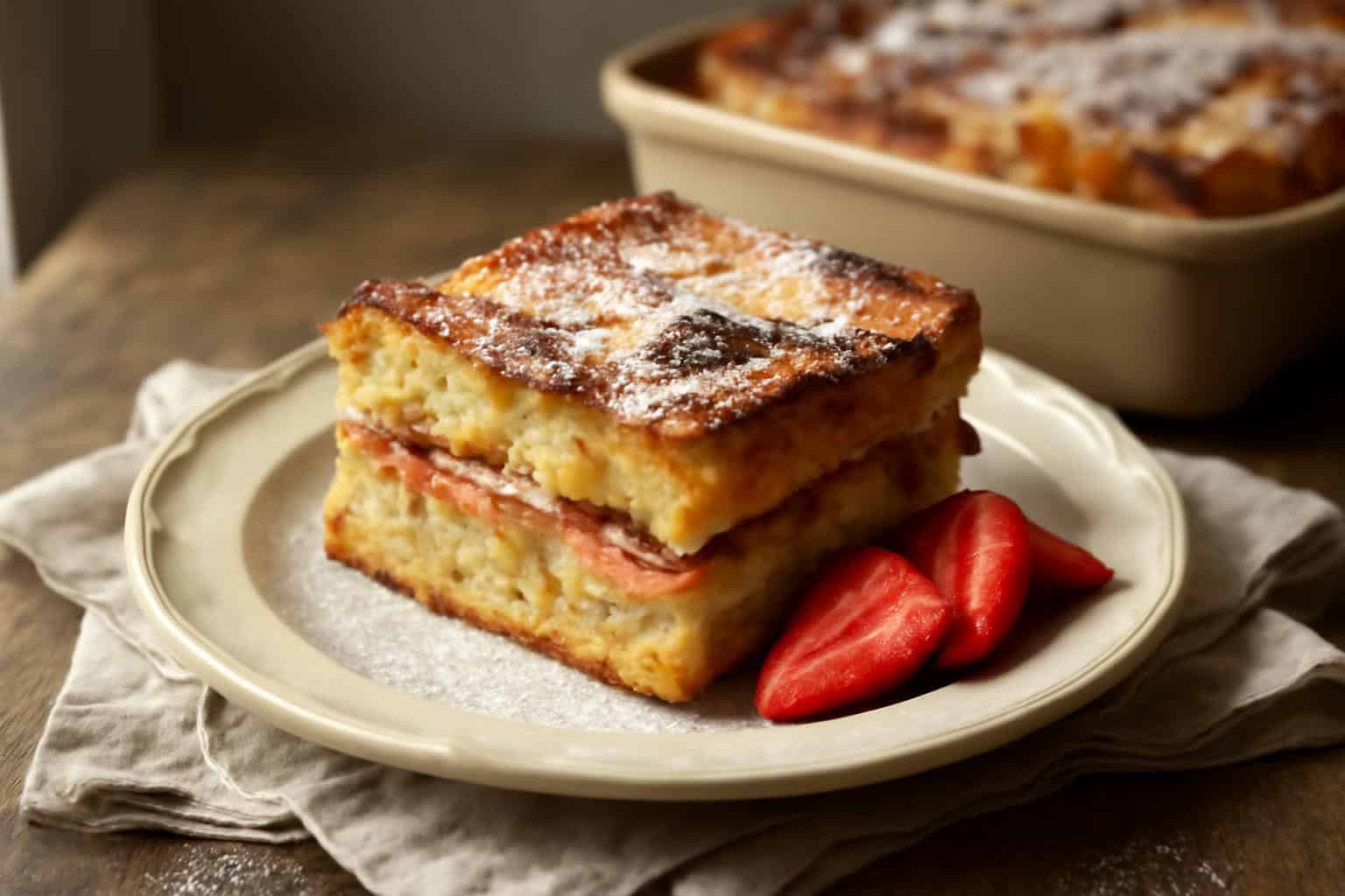 Monte Cristo casserole with powdered sugar and strawberries for breakfast
